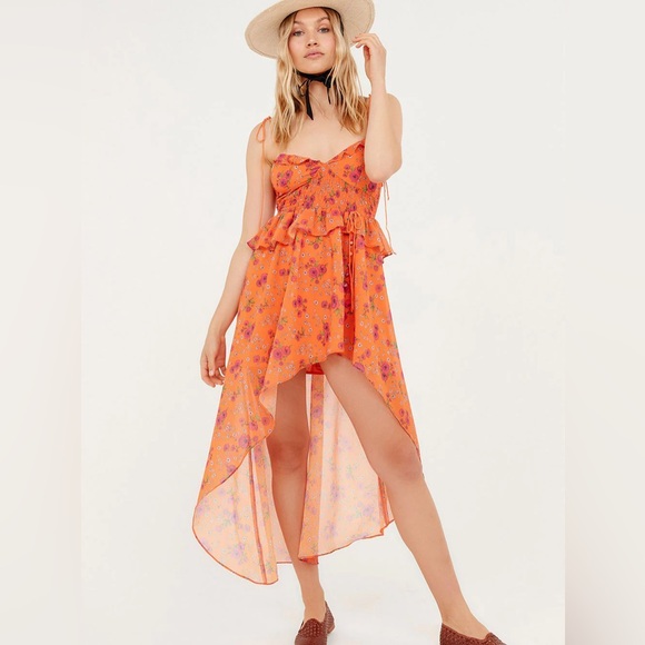 For Love & Lemons Peony Floral High-Low Maxi Dress Neon Orange XS